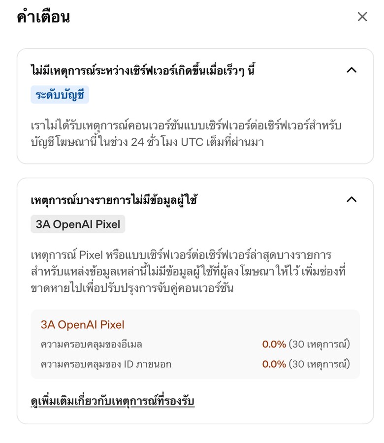 หน้าต่างคำเตือนใน OpenAI Ads Manager แจ้งว่าเหตุการณ์บางรายการไม่มีข้อมูลผู้ใช้ และยังไม่มีเหตุการณ์แบบเซิร์ฟเวอร์ต่อเซิร์ฟเวอร์